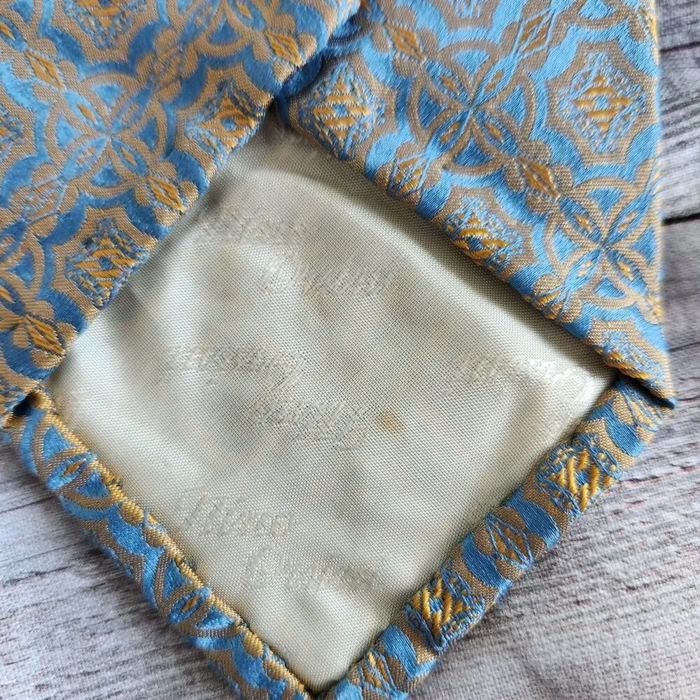 Nino Orsini Designer Silk Tie Blue Gold Plaid Geometric Vintage 50s Mid Century